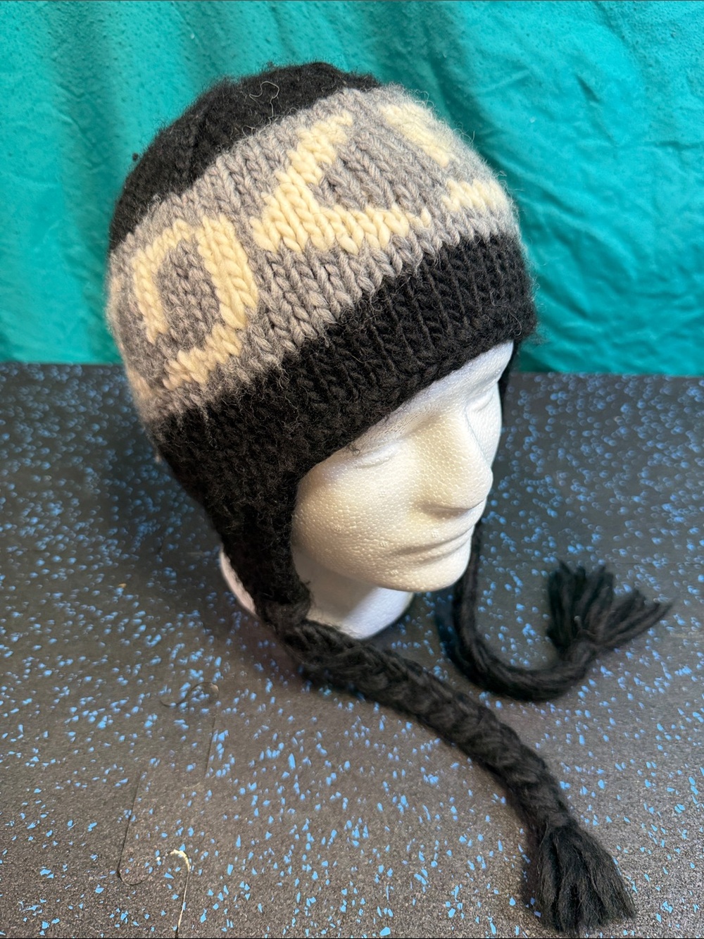 Black and Gray Knit Earflap Hat - Cozy Winter Beanie